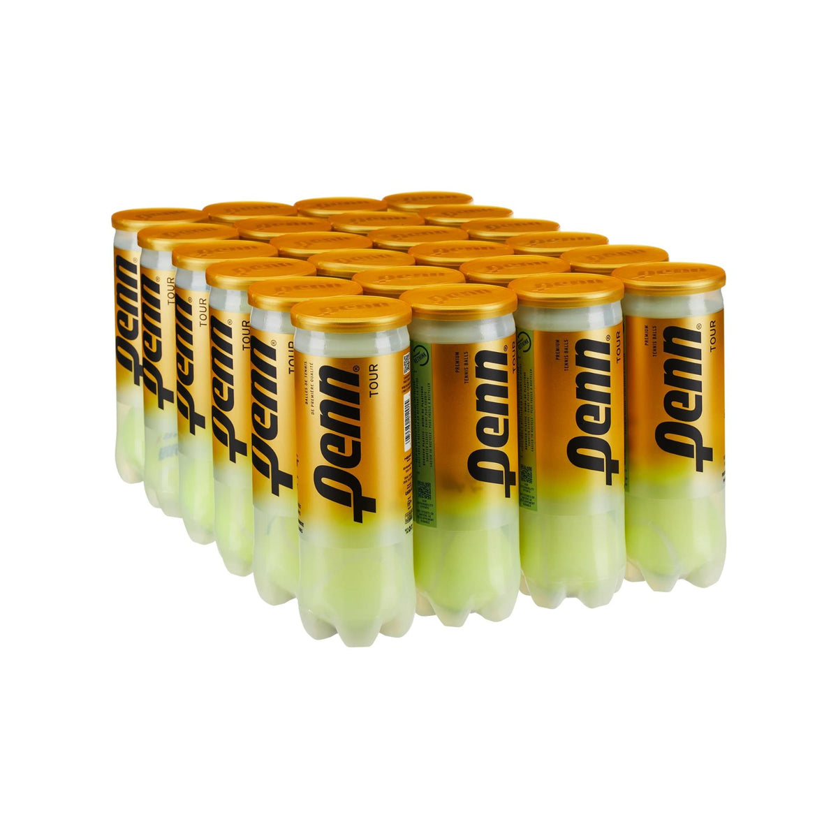 Case of Penn Tour extra duty tennis balls in multiple cans arranged together.