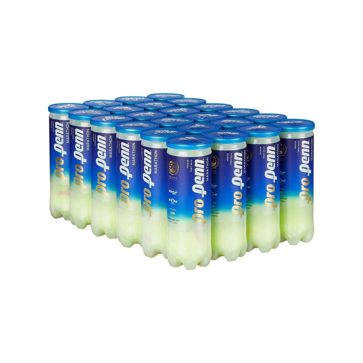 Case of multiple tennis ball cans arranged together in a bulk pack.