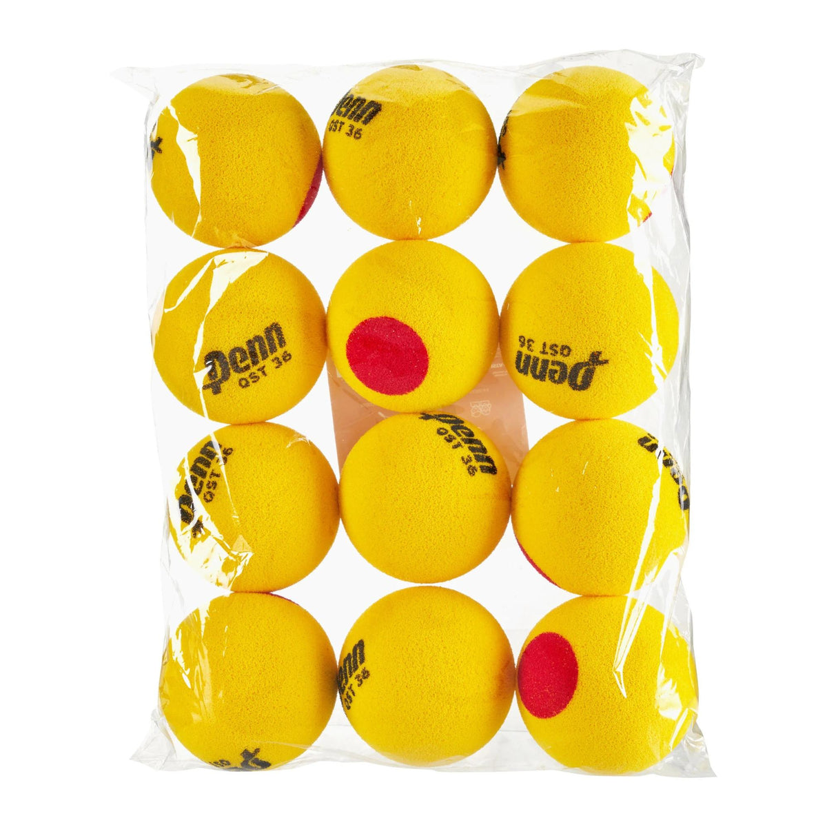 Bag of Penn QST 36 foam tennis balls designed for beginner training and practice.