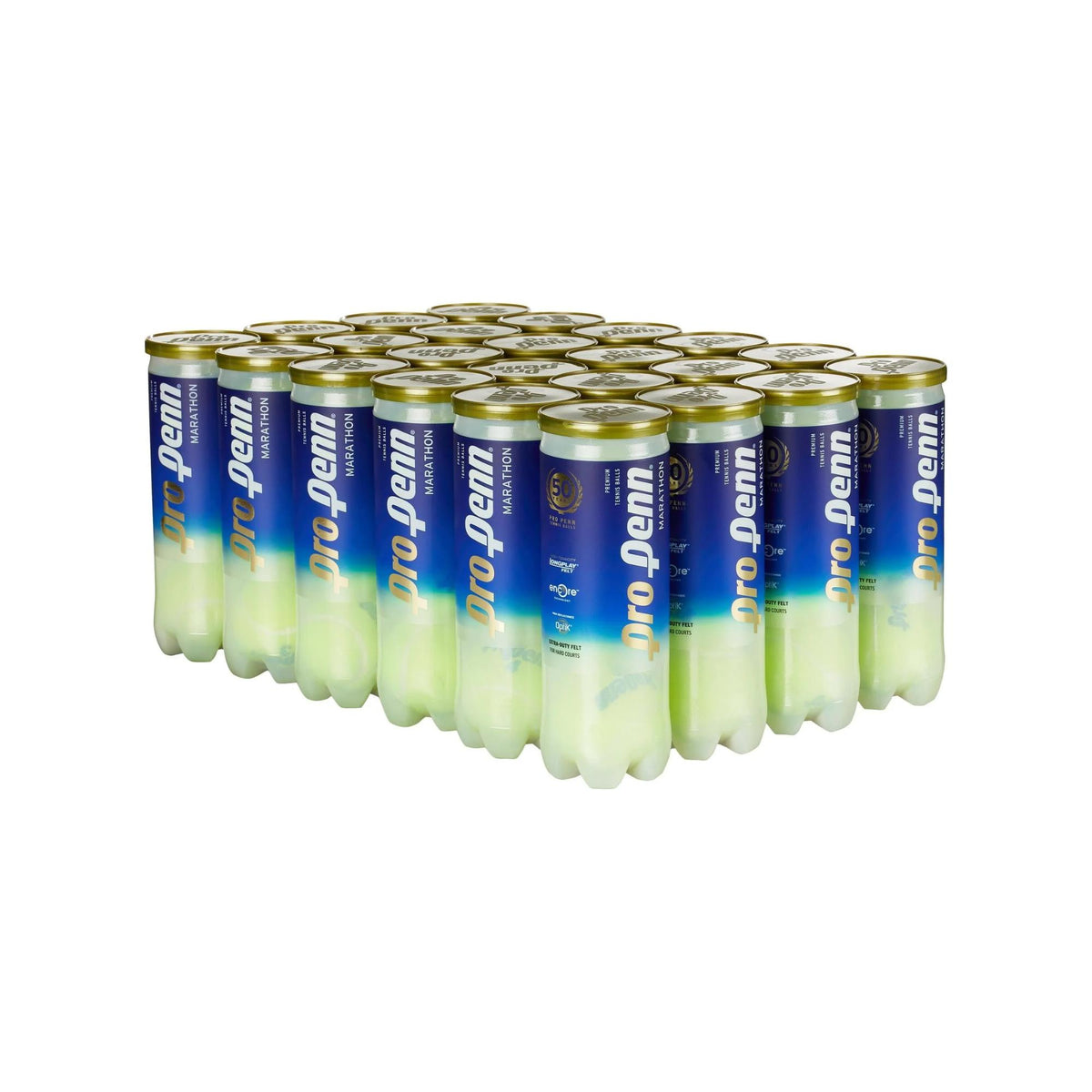 Case of tennis balls in multiple cans with labeled packaging and sealed lids.