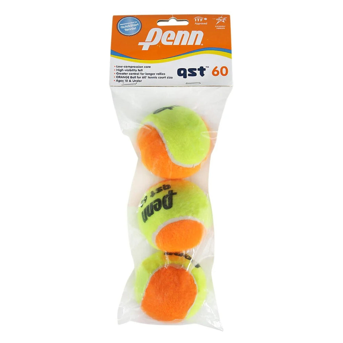 Pack of Penn QST 60 felt tennis balls with orange dot design for beginner and youth training.