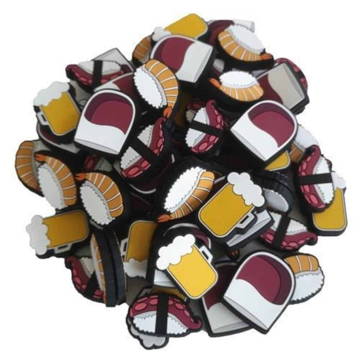 Assorted vibration dampeners featuring fun food-themed designs, used to reduce string vibration on tennis racquets.