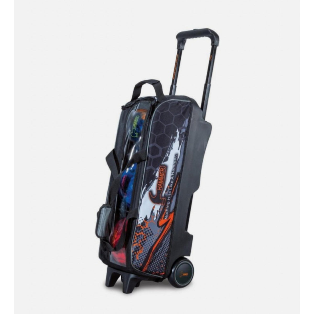 Triple roller bowling bag with telescoping handle, wheels, transparent front panel, and multiple compartments for storing and transporting bowling balls and gear.