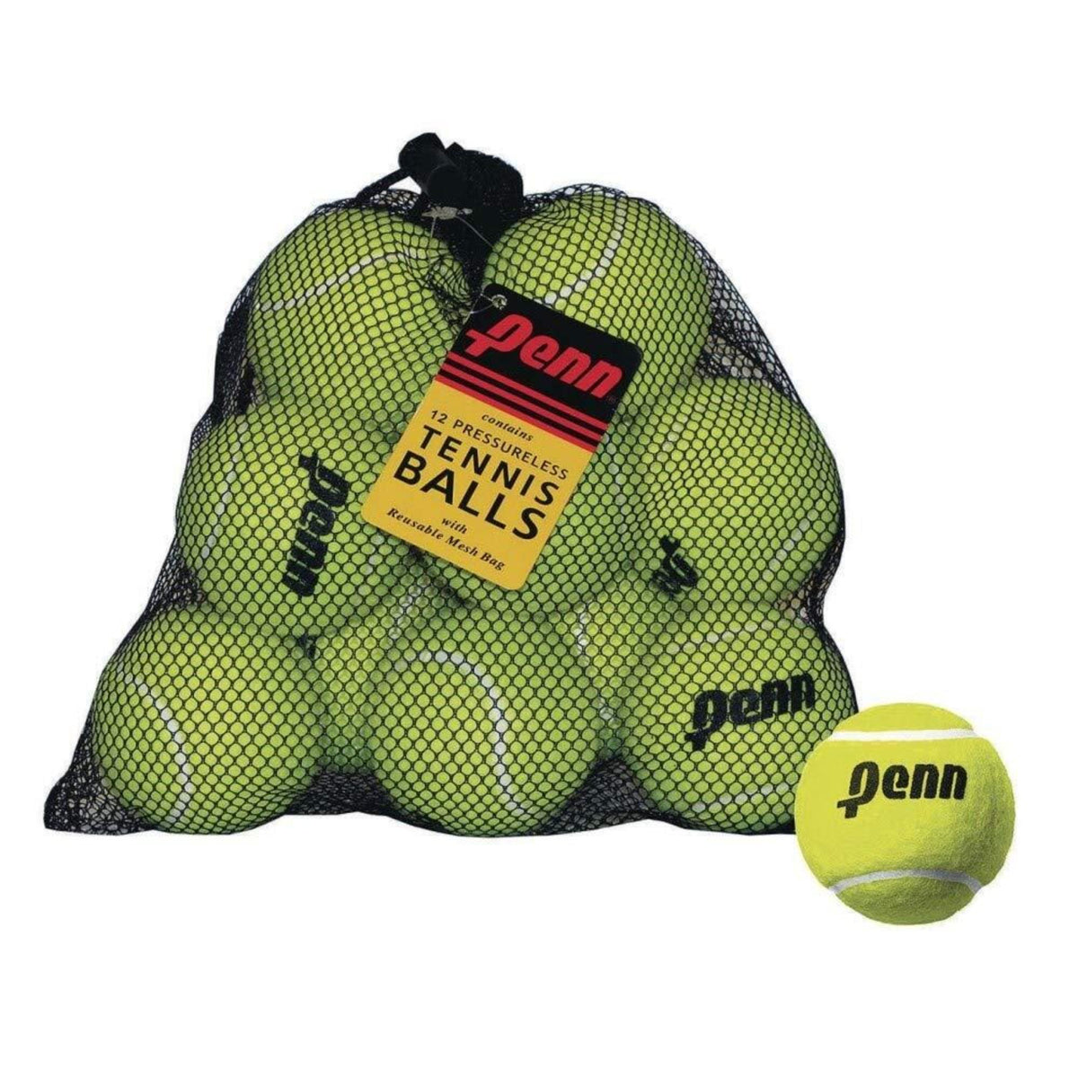 Mesh bag of pressureless tennis balls with attached product label.