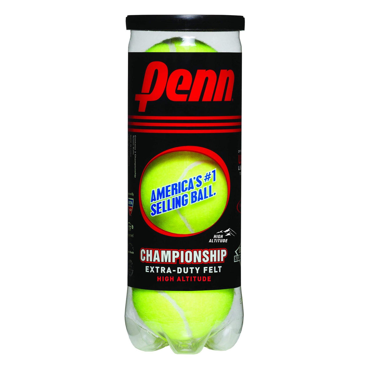 Can of tennis balls with labeled packaging and sealed lid.