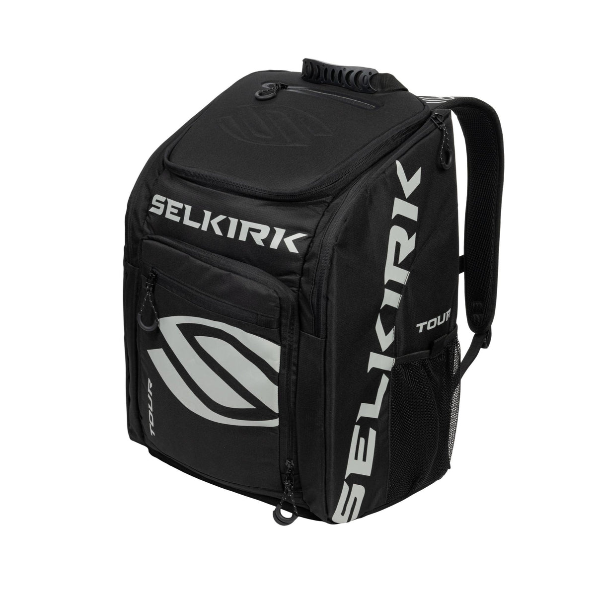 Selkirk Sport Core Line Tour pickleball backpack with multiple zippered compartments, padded shoulder straps, top handle, and side mesh pocket for gear storage.