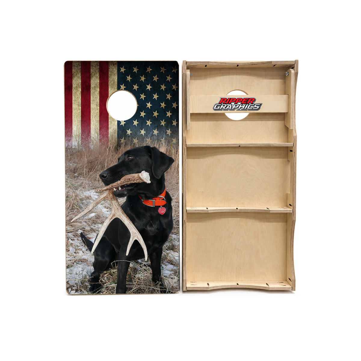 Shed Hunting Labrador Retriever Cornhole Design product photo