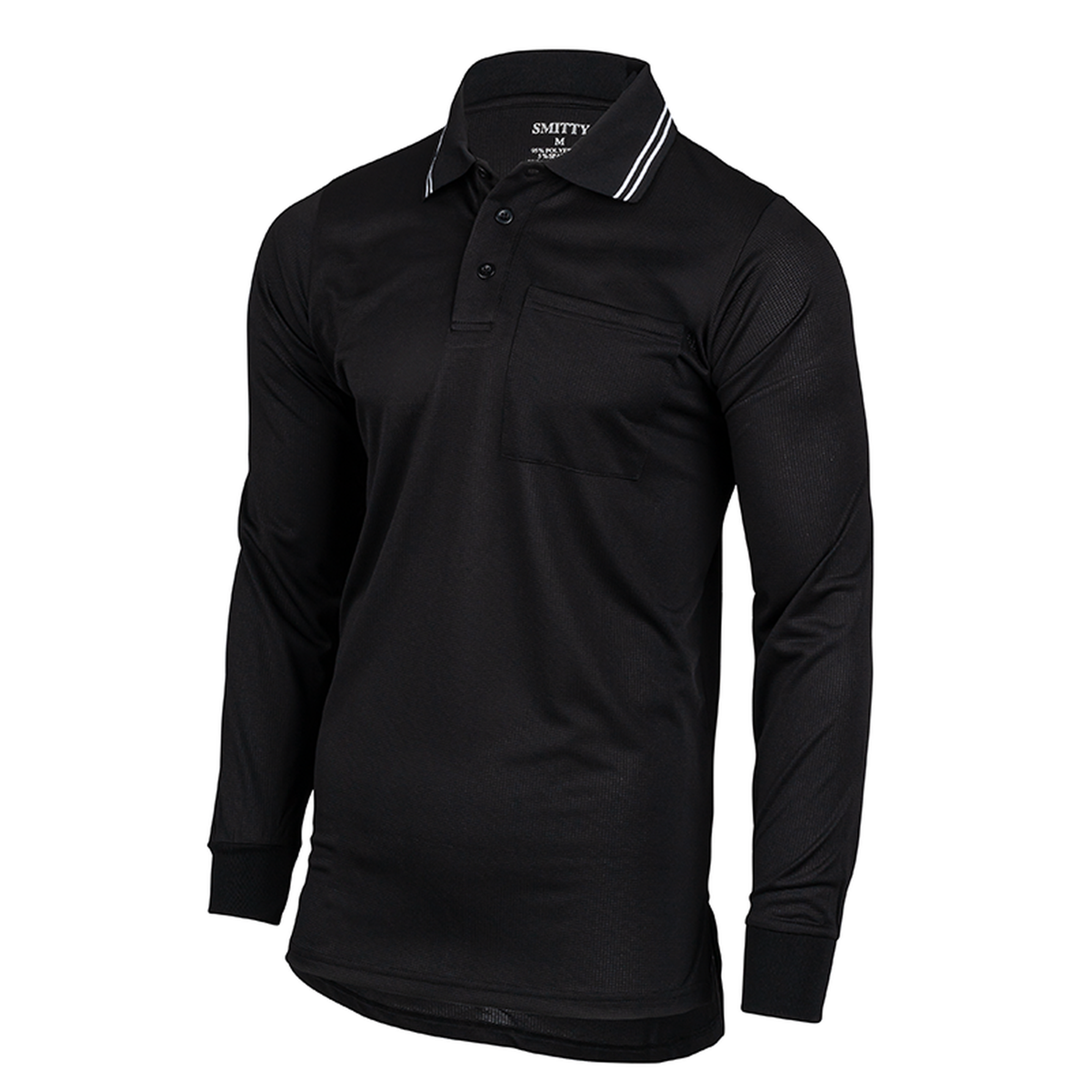 SMITTY BBS-308 Baseball Softball Umpire Shirt BODY FLEX Long Sleeve in Black w/ White Trim - front view