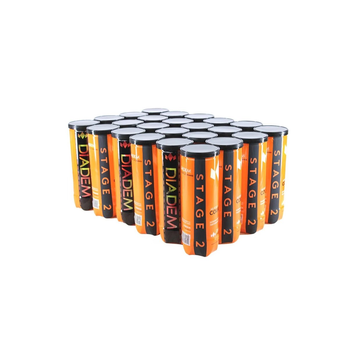 Case of Diadem Stage 2 orange dot tennis balls in multiple cans arranged together for beginner and intermediate training.