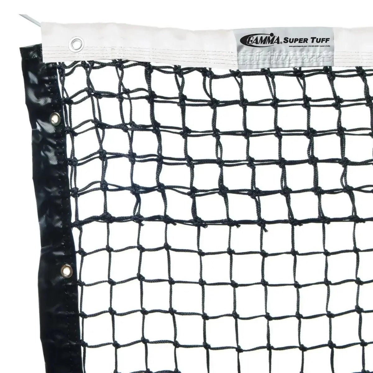 Tennis net with reinforced edges and mesh construction, designed for durability and secure attachment to court posts.