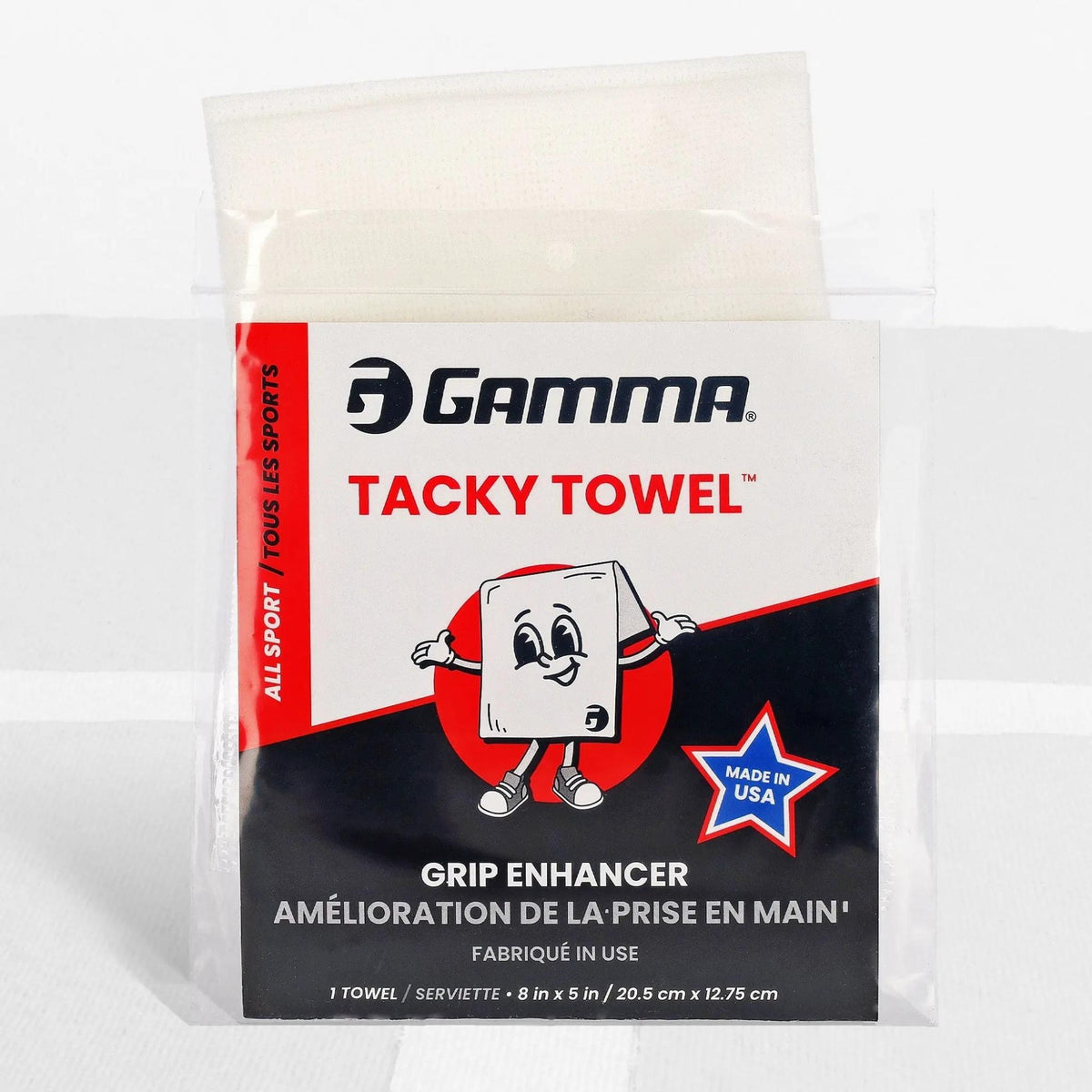 Grip-enhancing tacky towel in retail packaging, designed to improve hand grip and control during sports activities.