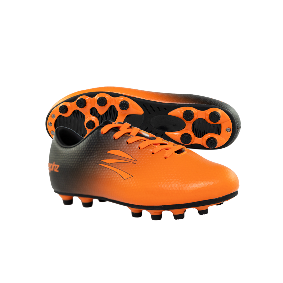Orange and black soccer cleats on a white background