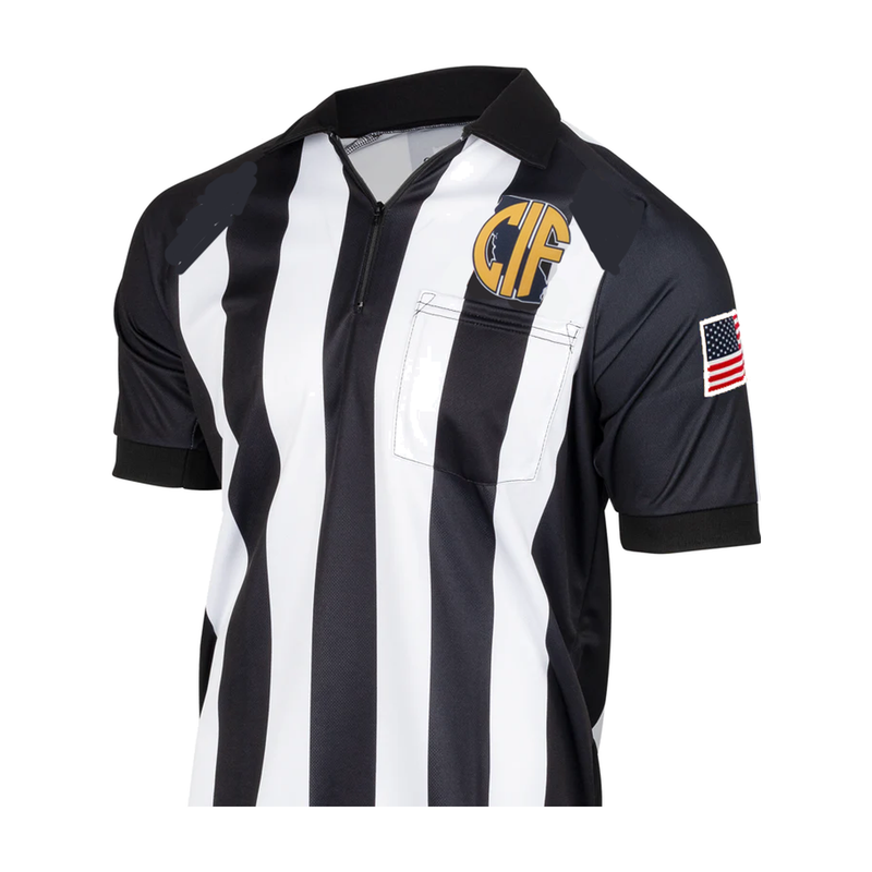 Football referee in a striped Smitty officials short sleeve shirt with USA flag
