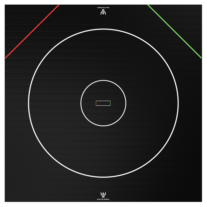 Great Call Athletics regulation wrestling mat with printed competition circle in a wrestling room