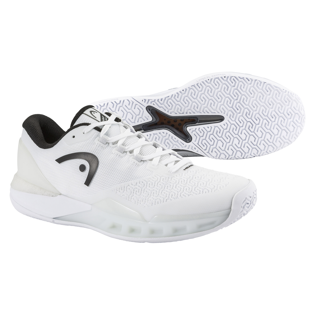 HEAD Revolt Pro 5.0 mens tennis shoe in white and black, side profile on a plain background