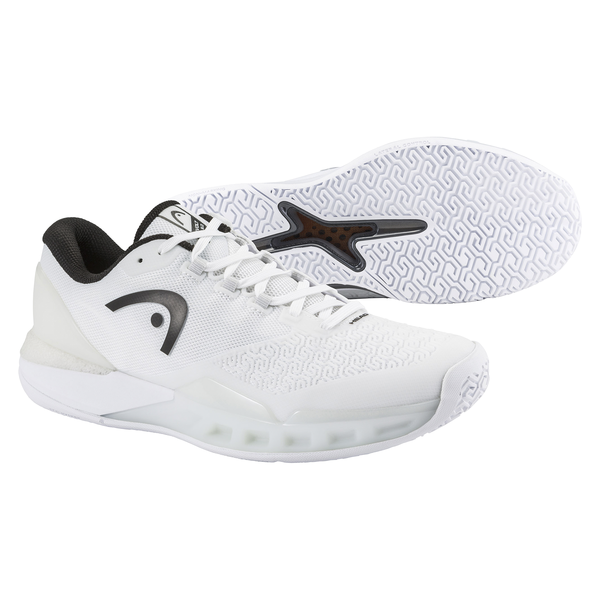 HEAD Revolt Pro 5.0 mens tennis shoe in white and black, side profile on a plain background