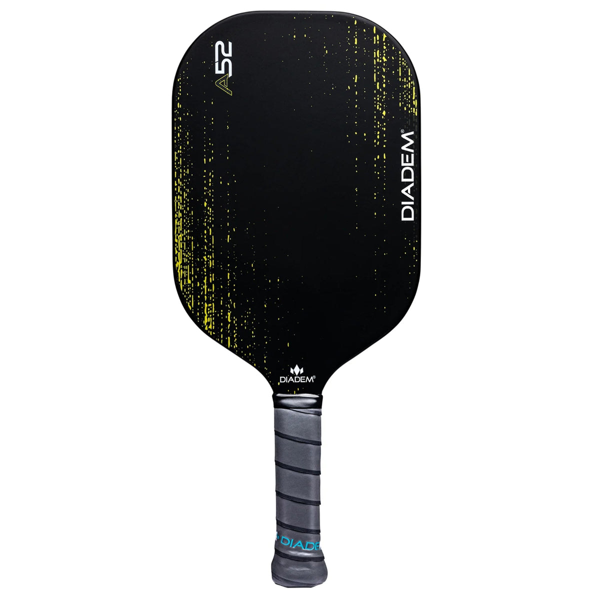 Diadem A52 pickleball paddle in yellow, front face view showing the carbon fiber hitting surface