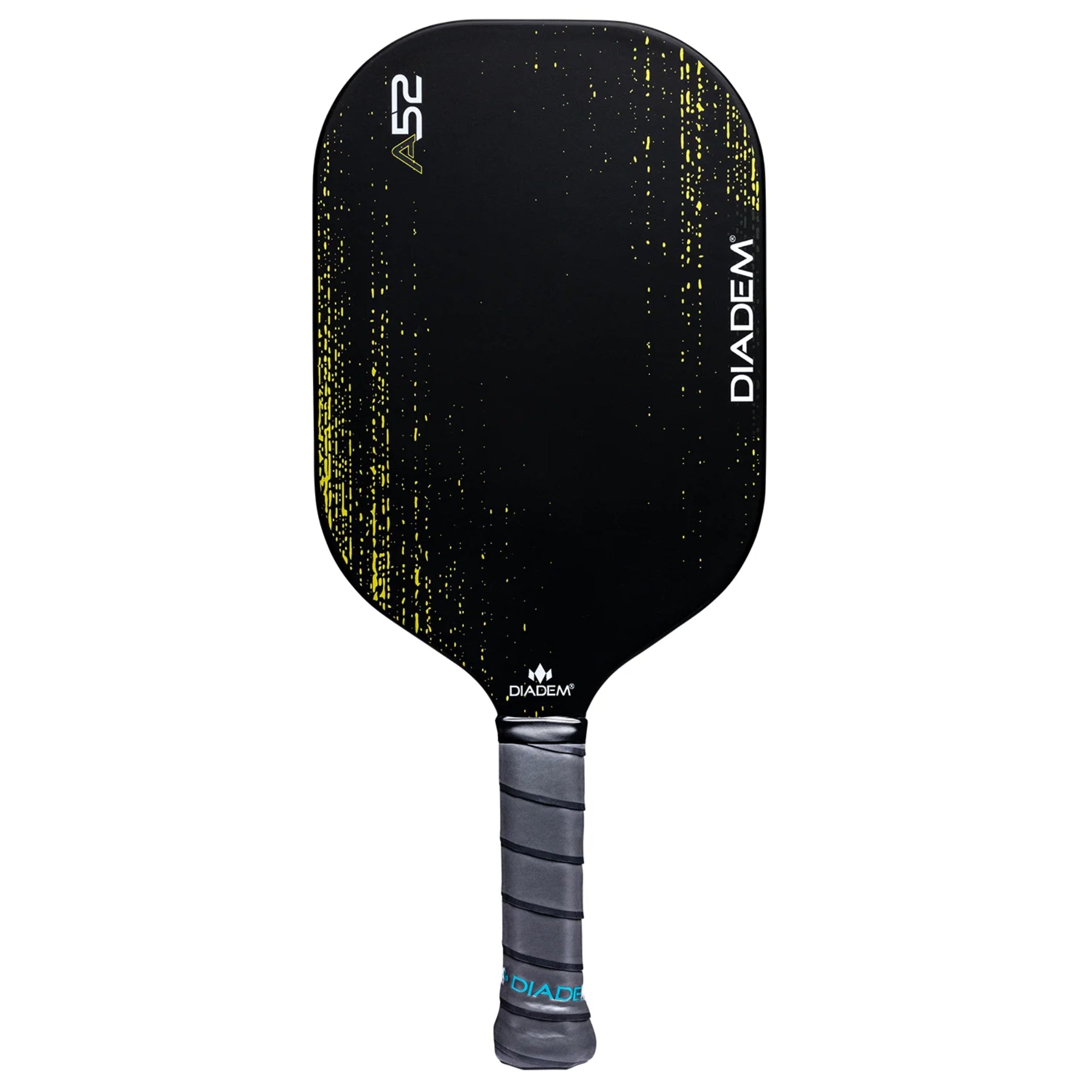 Diadem A52 pickleball paddle in yellow, front face view showing the carbon fiber hitting surface