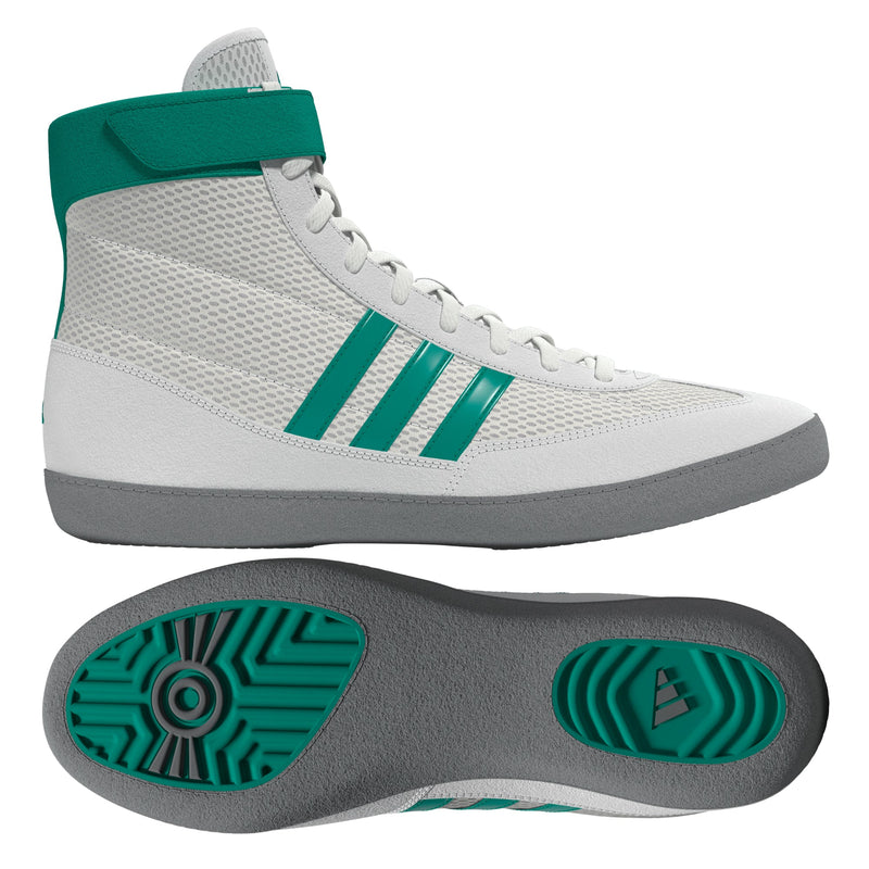 Adidas Combat Speed 4 wrestling shoes in white and teal, side profile view