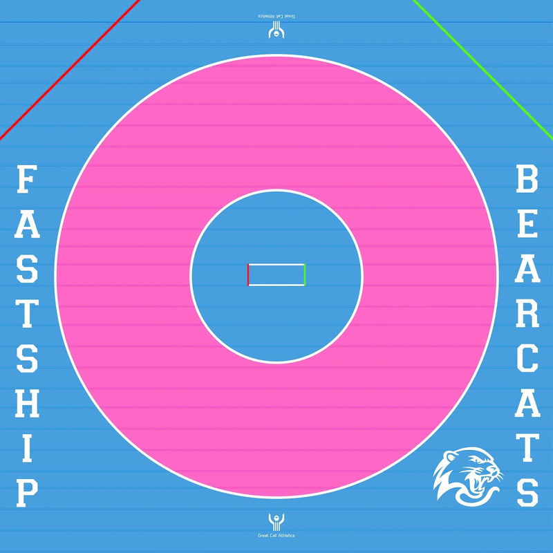 Custom high school wrestling mat with team logo and competition circles