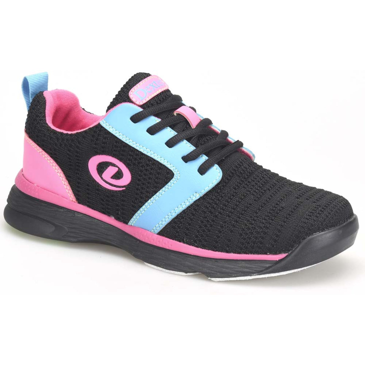 Dexter Raquel LX youth bowling shoes in black, blue, and pink with non-marking soles