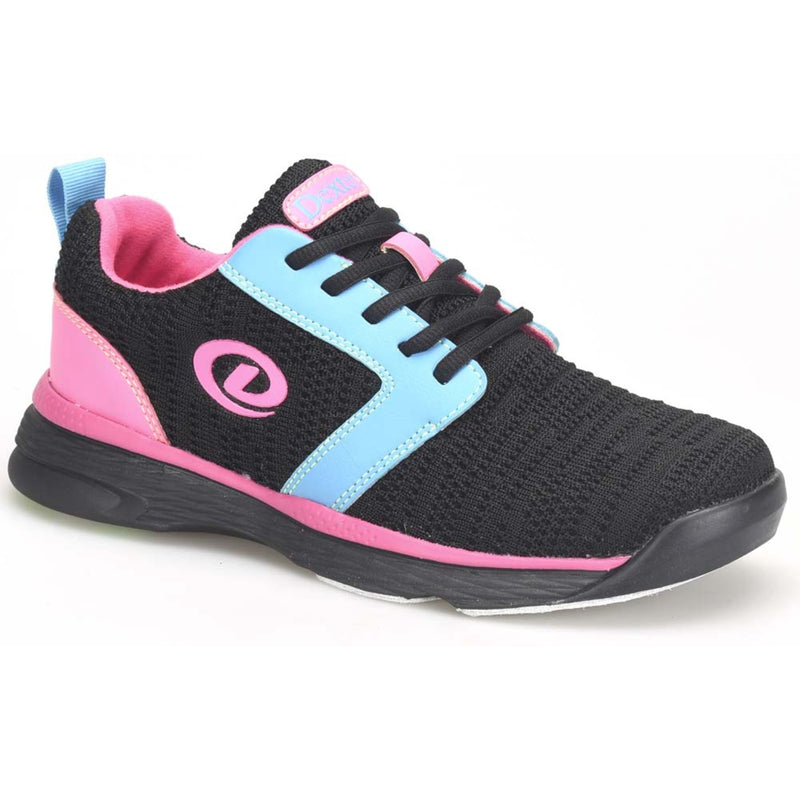Dexter Raquel LX youth bowling shoes in black, blue, and pink with non-marking soles