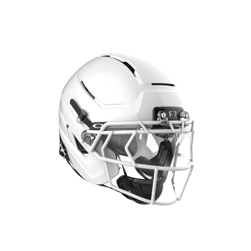 Schutt F7 AiR Varsity Elite football helmet in gloss white with a white EGOP-III titanium facemask