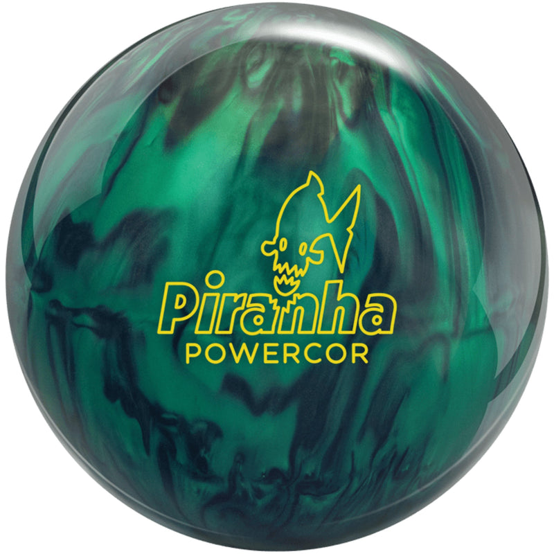 Columbia 300 Piranha PowerCOR Pearl bowling ball in jade and black with the yellow Piranha logo