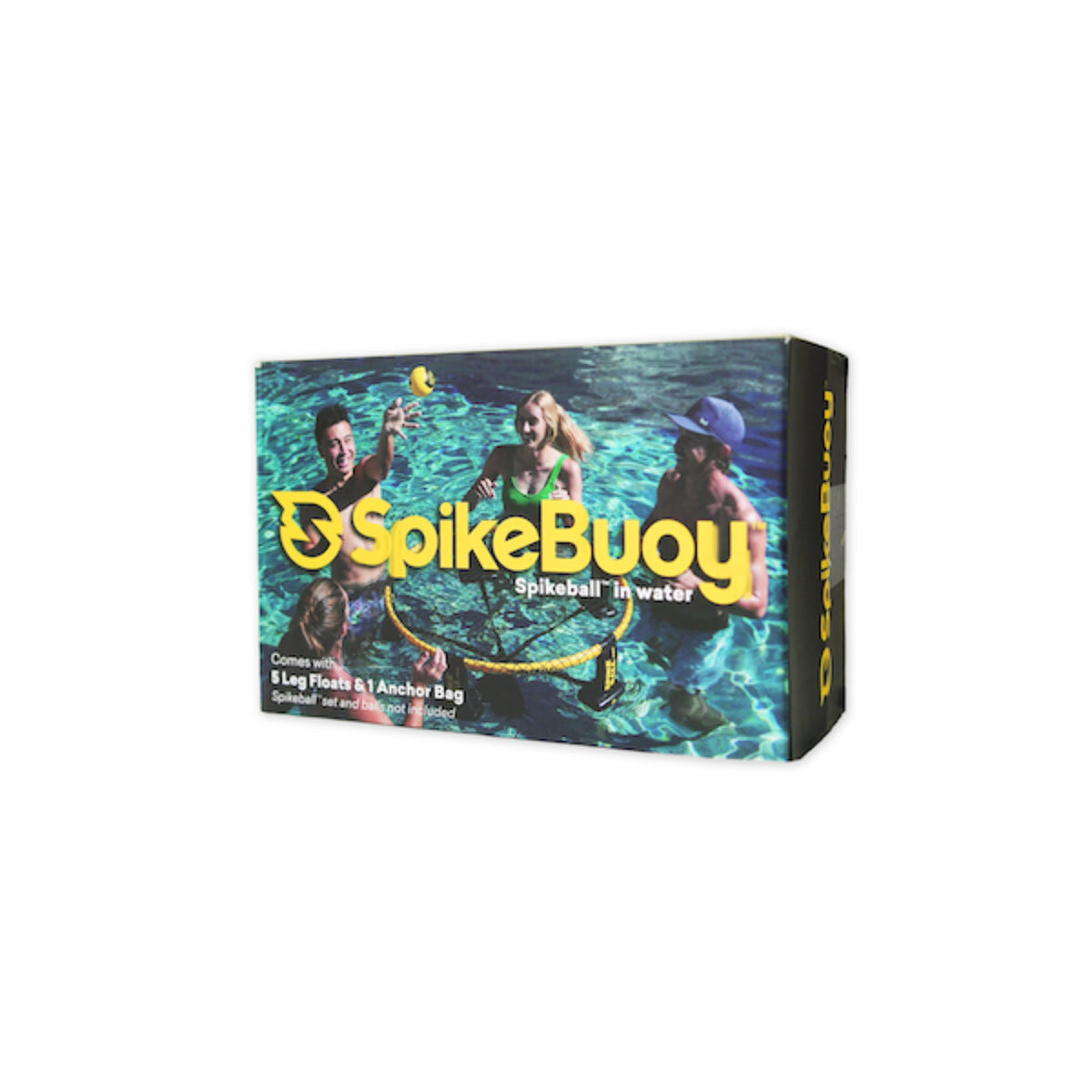 Spikeball SpikeBuoy water set box showing players spiking a ball over a floating net in open water