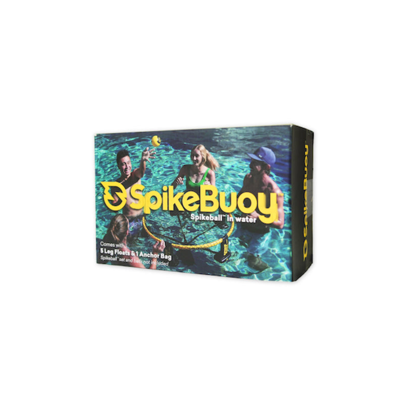 Spikeball SpikeBuoy water set box showing players spiking a ball over a floating net in open water