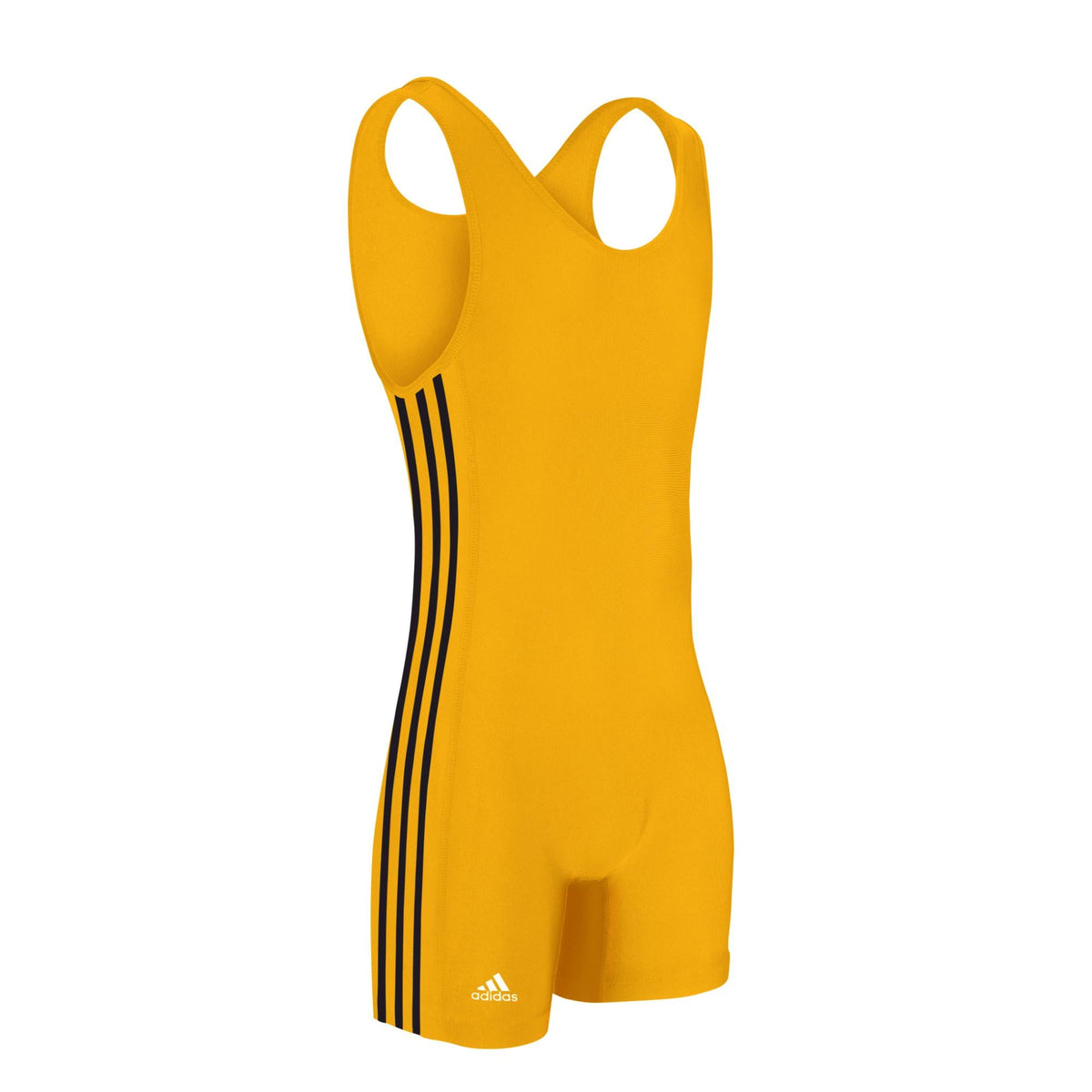 Gold Adidas AS102s wrestling singlet with black three-stripe side detail on a white background