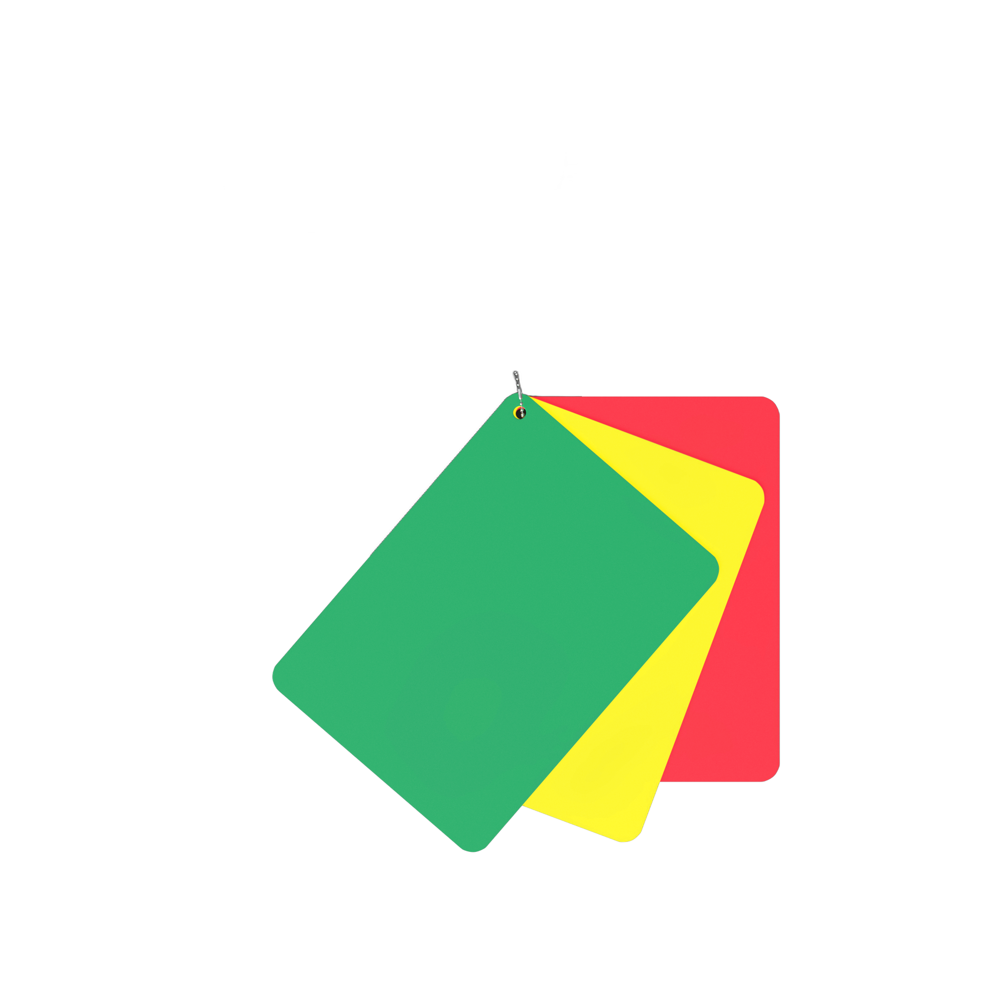 Red, yellow, and green soccer referee penalty cards on a metal chain keeper with a protective carry case