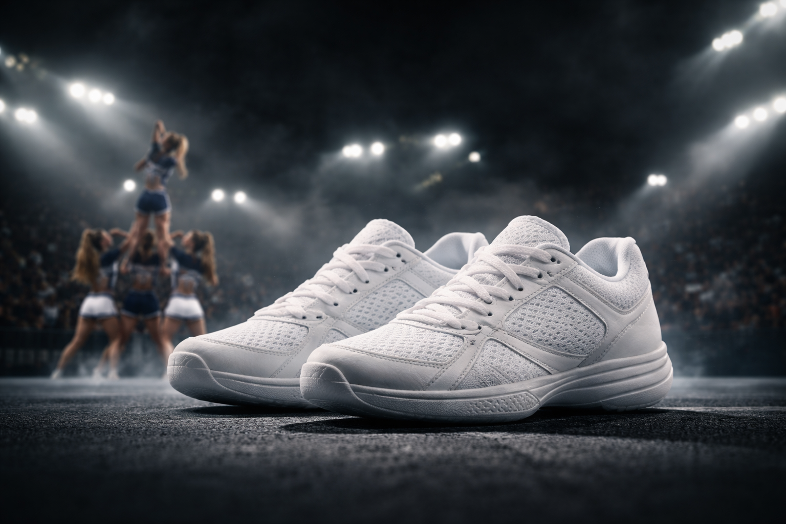 white cheerleading shoes on a gym floor