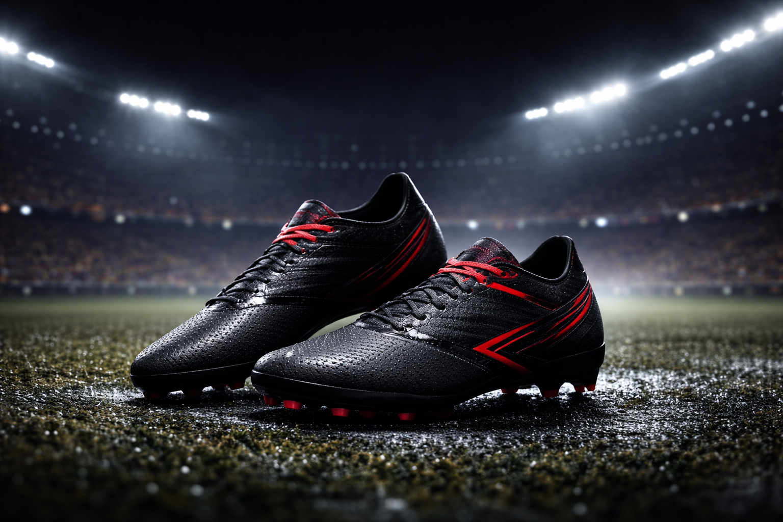 Black and red soccer cleats with textured synthetic upper, lace-up closure, and firm ground studs designed for traction and control