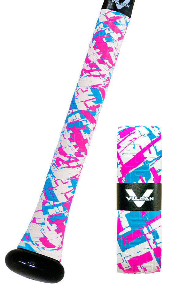 Vibrantly colored baseball bat grip featuring a splash pattern in shades of pink, blue, and white. The grip is displayed on a bat with a black end cap and a branded 'Vulcan' logo on the grip tape.