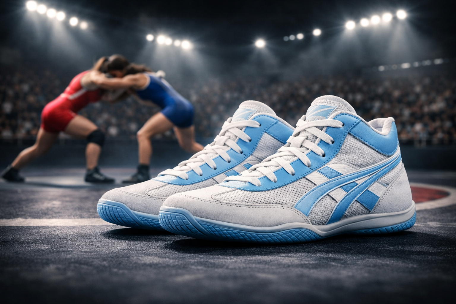 white and light blue women’s wrestling shoes on a wrestling mat with blurred wrestlers competing under dramatic arena lights.