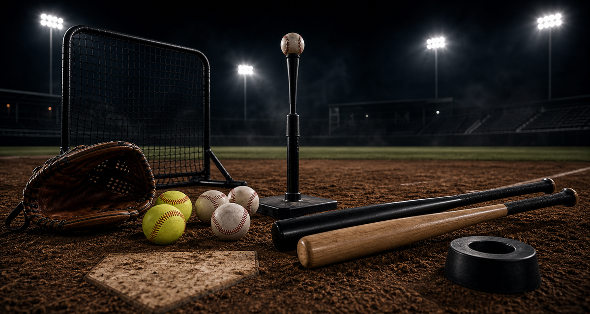 Nets and Comebackers collection image: Baseball and softball equipment on a dark cinematic diamond