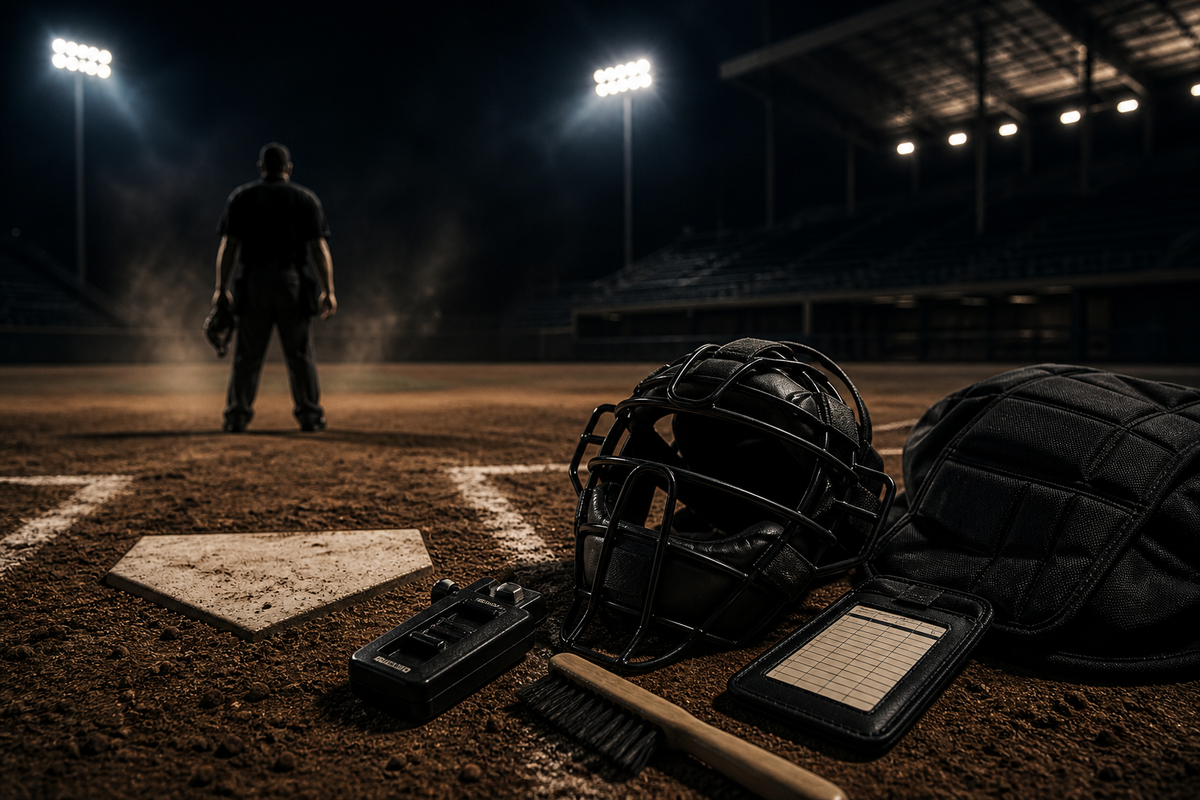 Equipment Bags collection image: Baseball umpire gear on a dark cinematic field at home plate