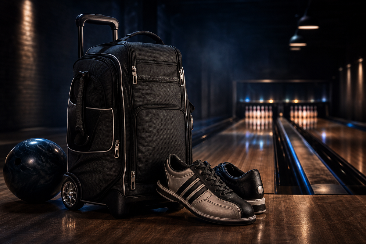 Three Ball Bowling Bags collection image: Bowling bags and shoes on a dark cinematic bowling lane