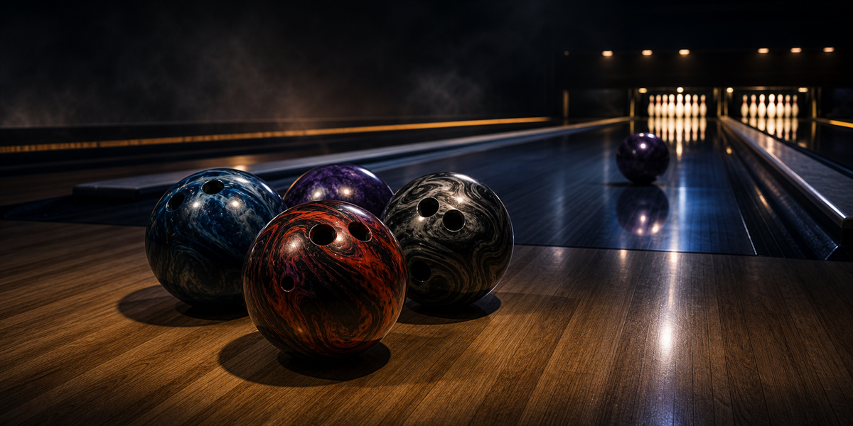 Advanced Performance Bowling Balls collection image: Bowling balls on a dark cinematic lane under pin deck lights