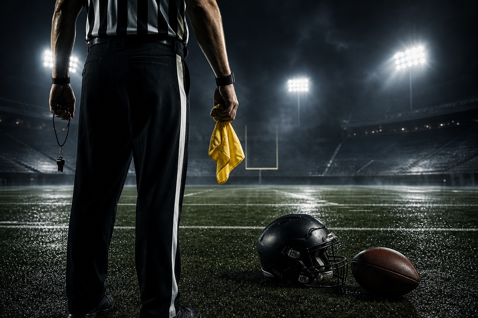 SCFOA South Carolina Football Officials collection image: Football official gear on a dark cinematic stadium field