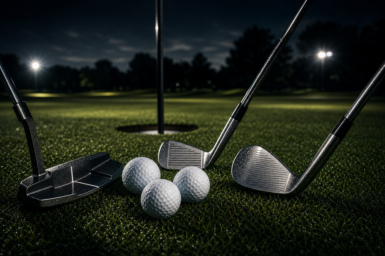 W/S Irons collection image: Golf balls and clubs on a dark cinematic green