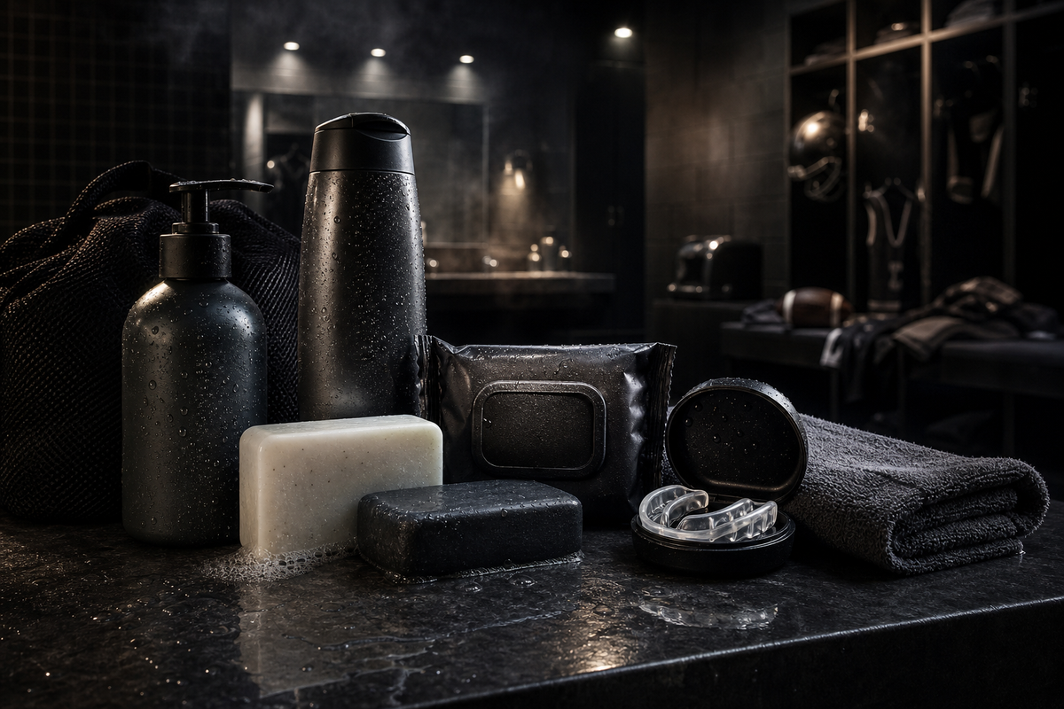 Body Wipes collection image: Athlete hygiene and skin protection products in a dark cinematic locker room