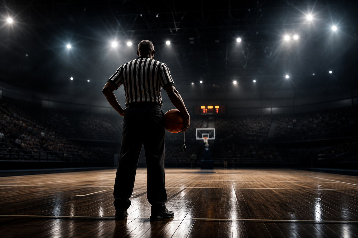 Basketball referee on a dark cinematic hardwood court under arena lights