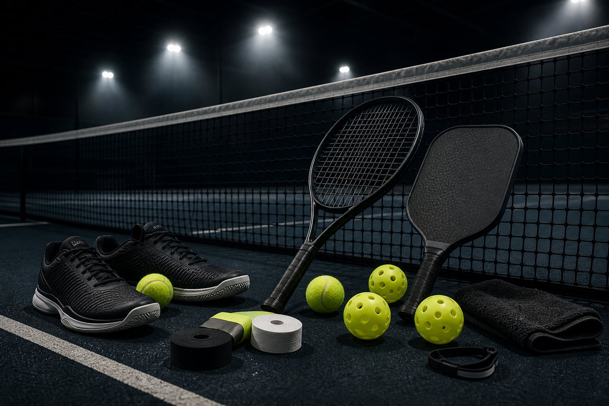 Womens Tennis Shoes collection image: Tennis and pickleball gear on a dark cinematic indoor court