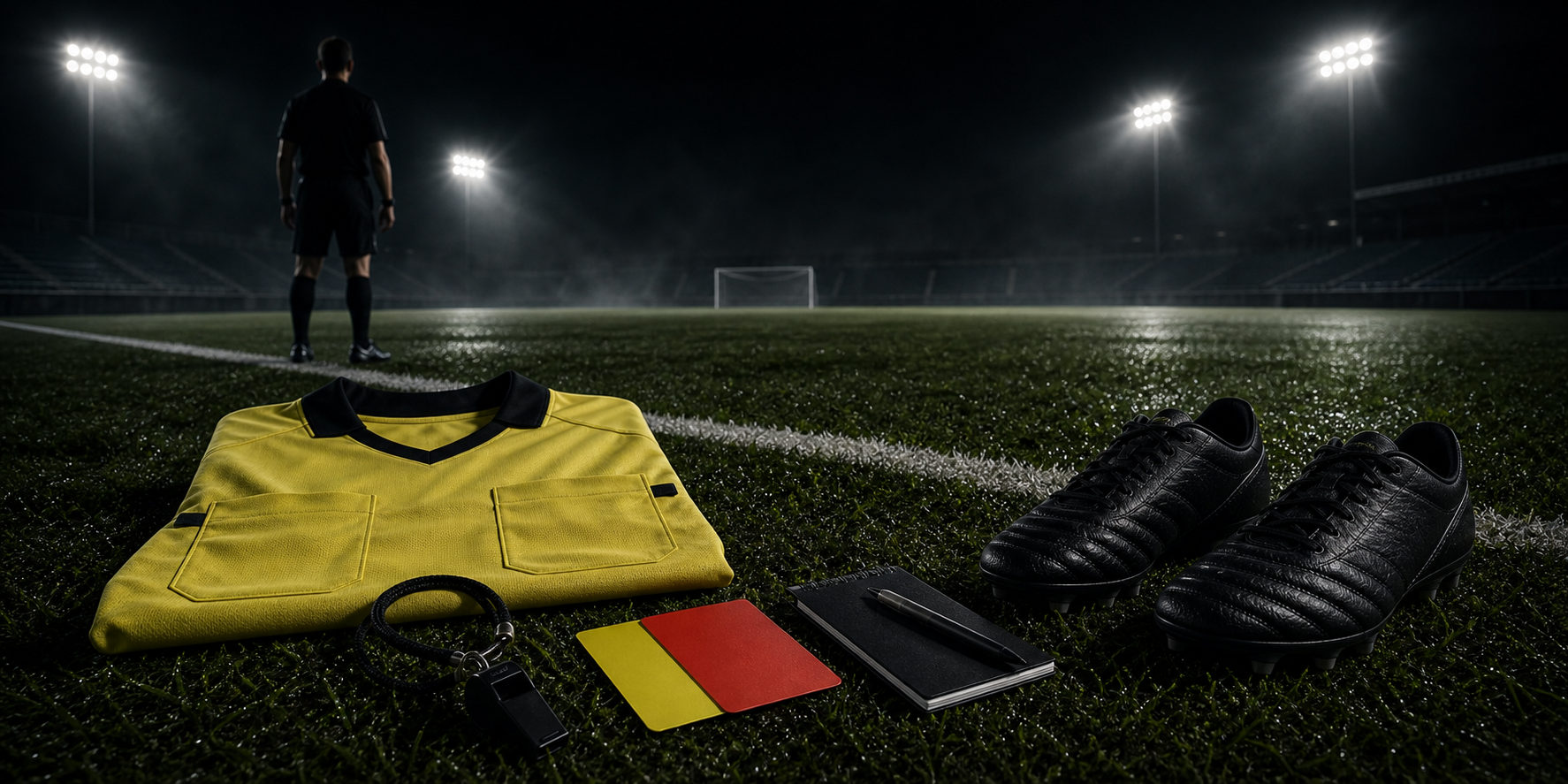 Soccer Official collection image: Soccer referee gear on a dark cinematic pitch under stadium lights