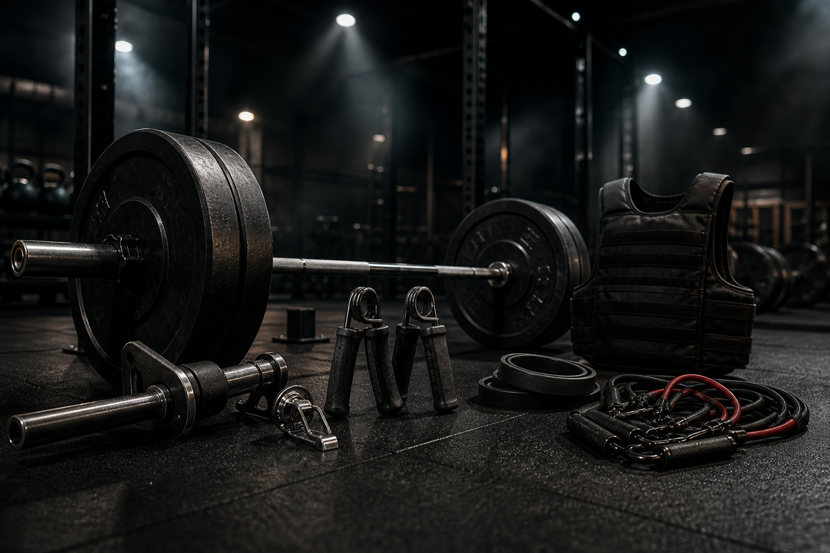 Weight Vests collection image: Strength training and grip equipment in a dark cinematic gym