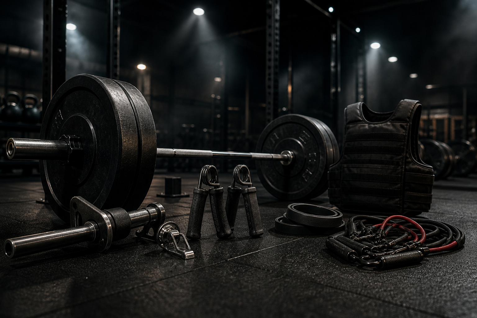 Weight Vests collection image: Strength training and grip equipment in a dark cinematic gym