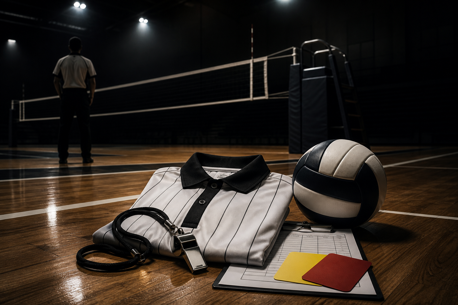 Volleyball Shirt collection image: Volleyball referee gear on a dark cinematic indoor court