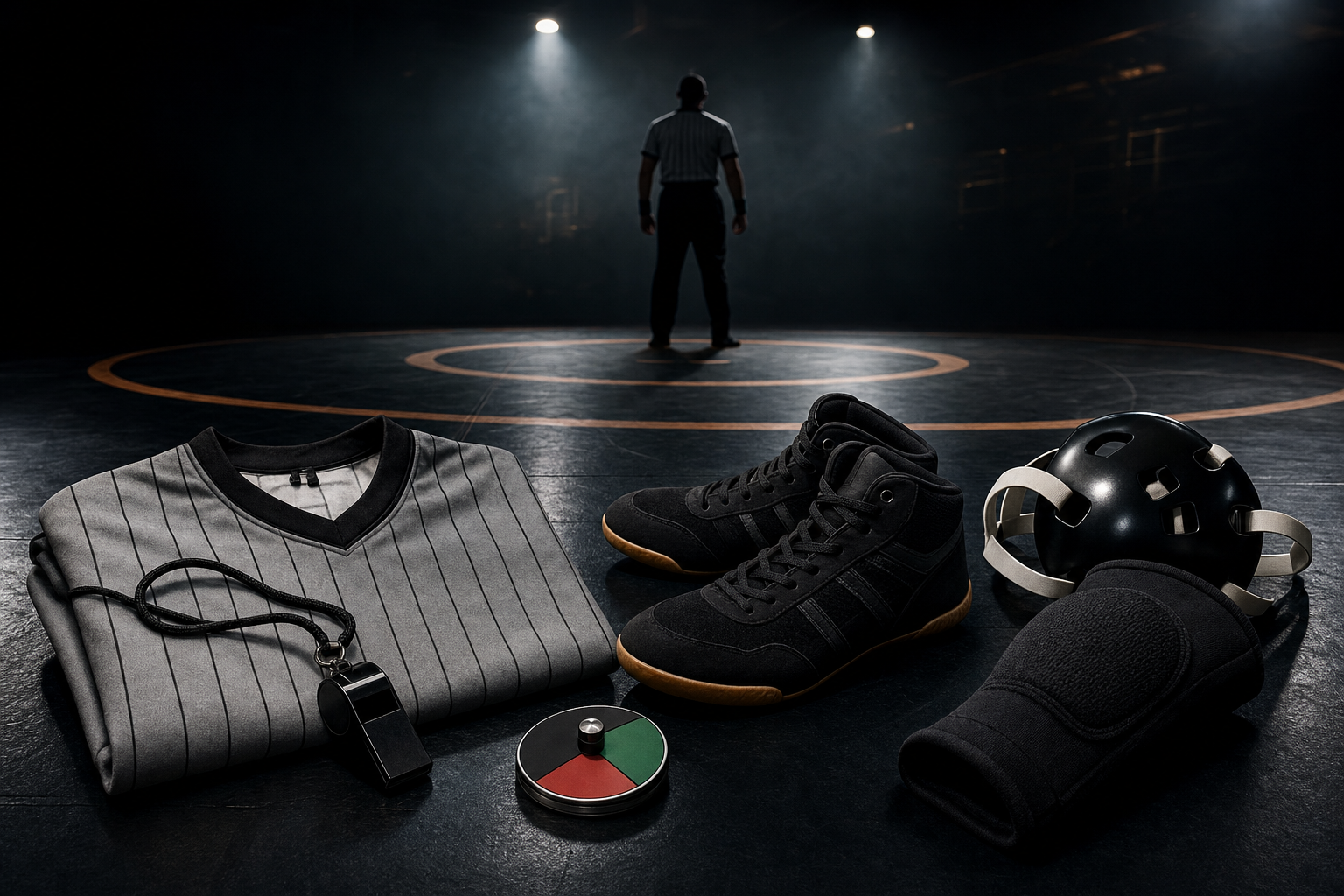 Wrestling Coach Essentials! collection image: Wrestling referee gear and headgear on a dark cinematic mat